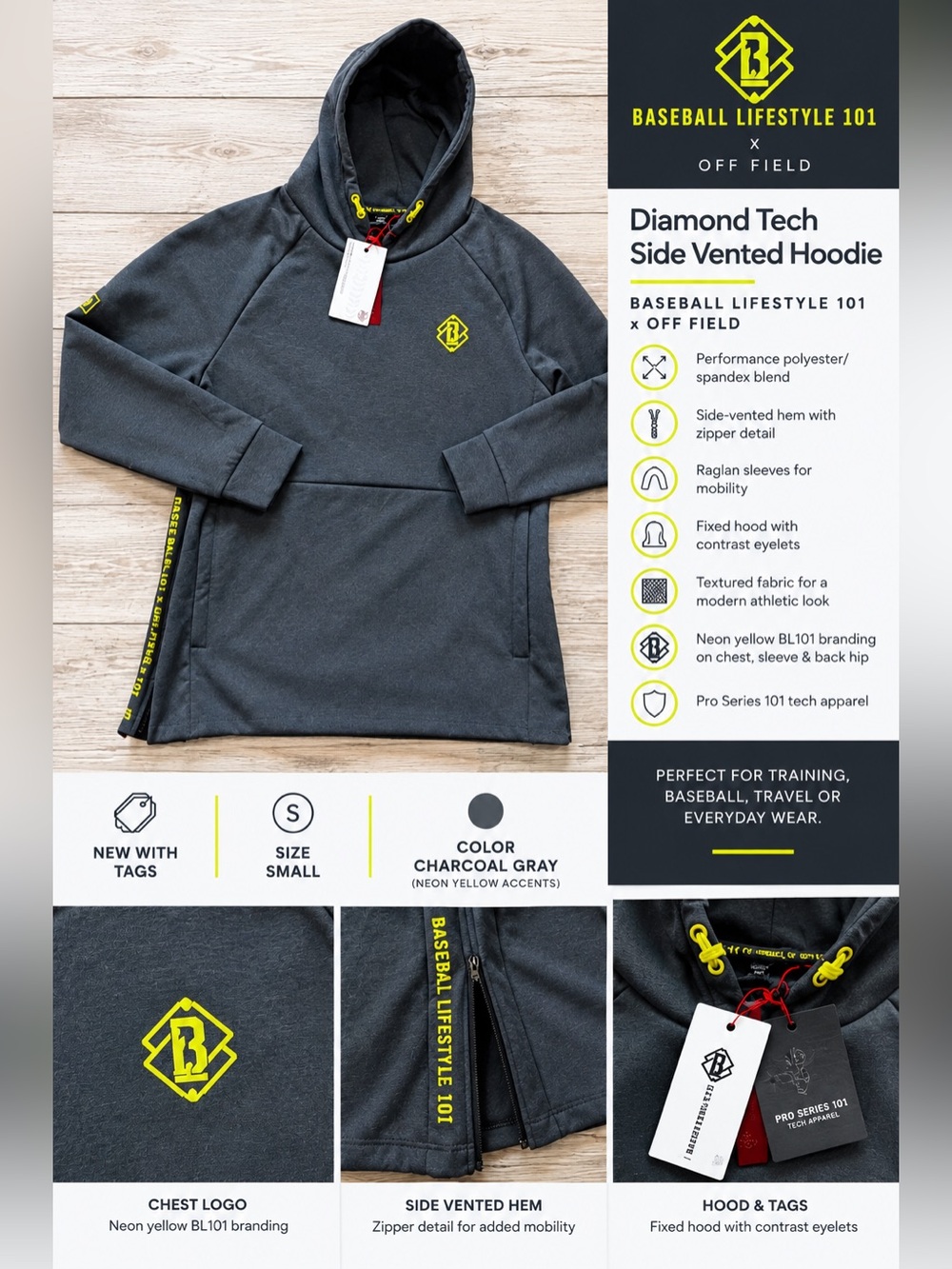 NWT- Baseball Lifestyle 101 Charcoal Gray Diamond Tech Hoodie - Adult Small